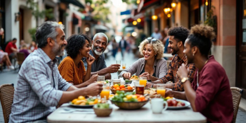 Expats dining outdoors in a lively urban environment.