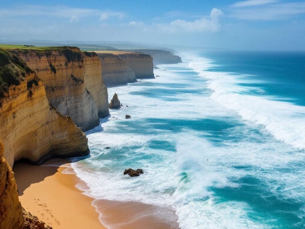 Nazare beach with surfers and massive ocean waves.