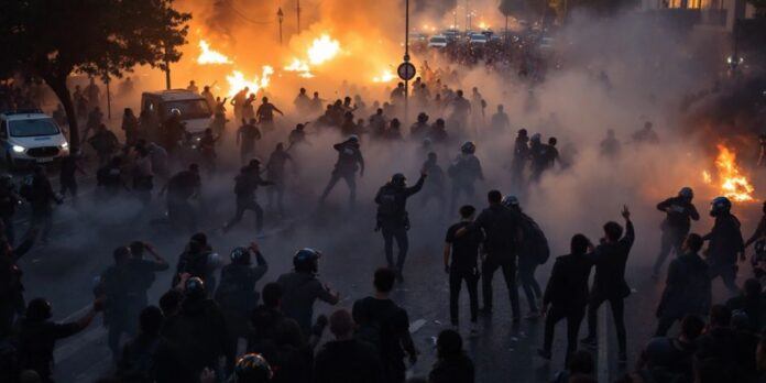 Crowd of protesters clashing with police in Lisbon.