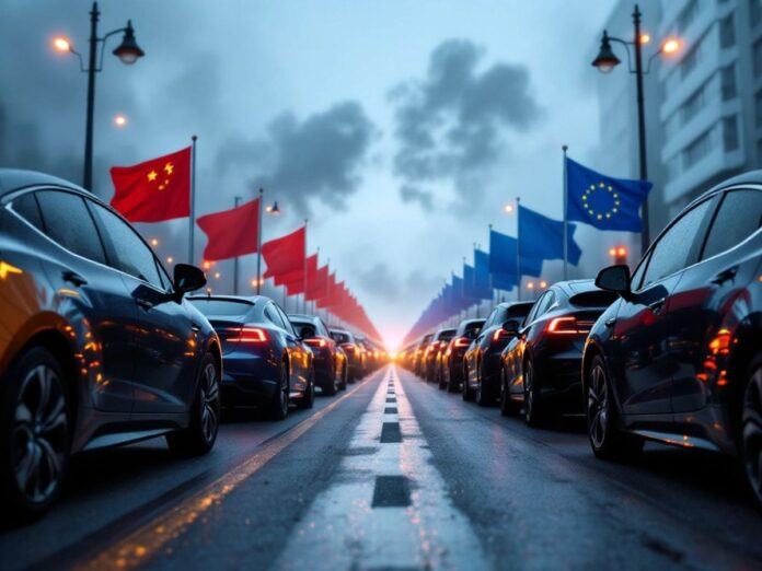 Electric vehicles on a street with EU and China flags.