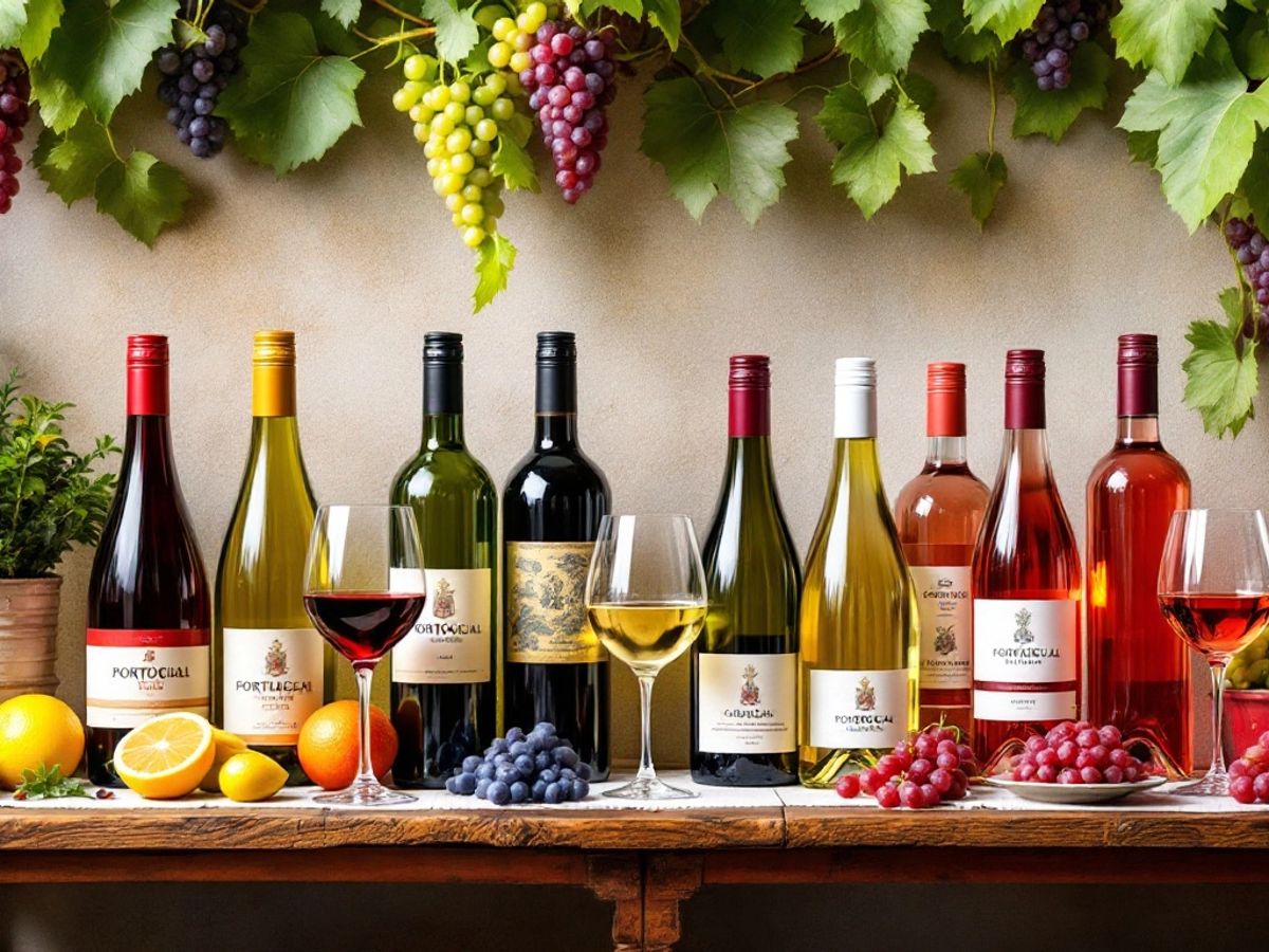 Bottles and glasses of Portuguese wines on a table.