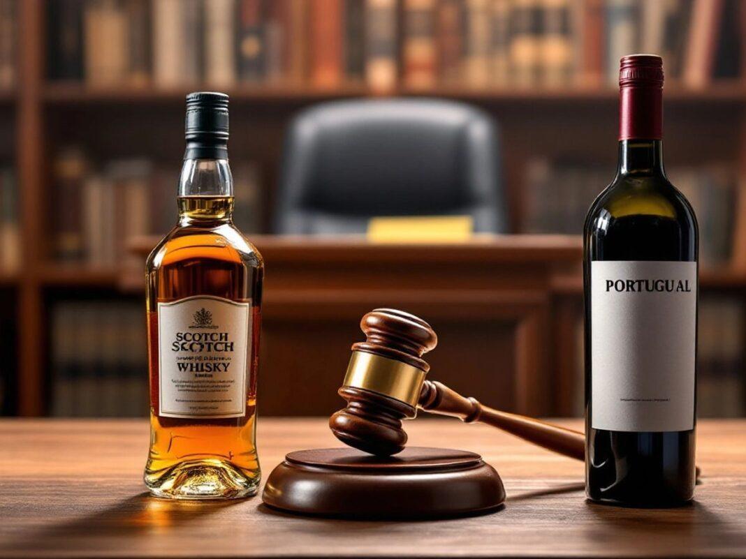 Courtroom with Scotch whisky and Portuguese wine bottles.