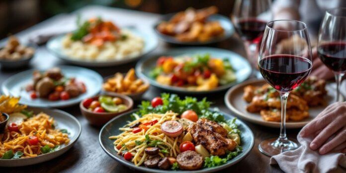 Colorful dishes and wine glasses in a festive setting.