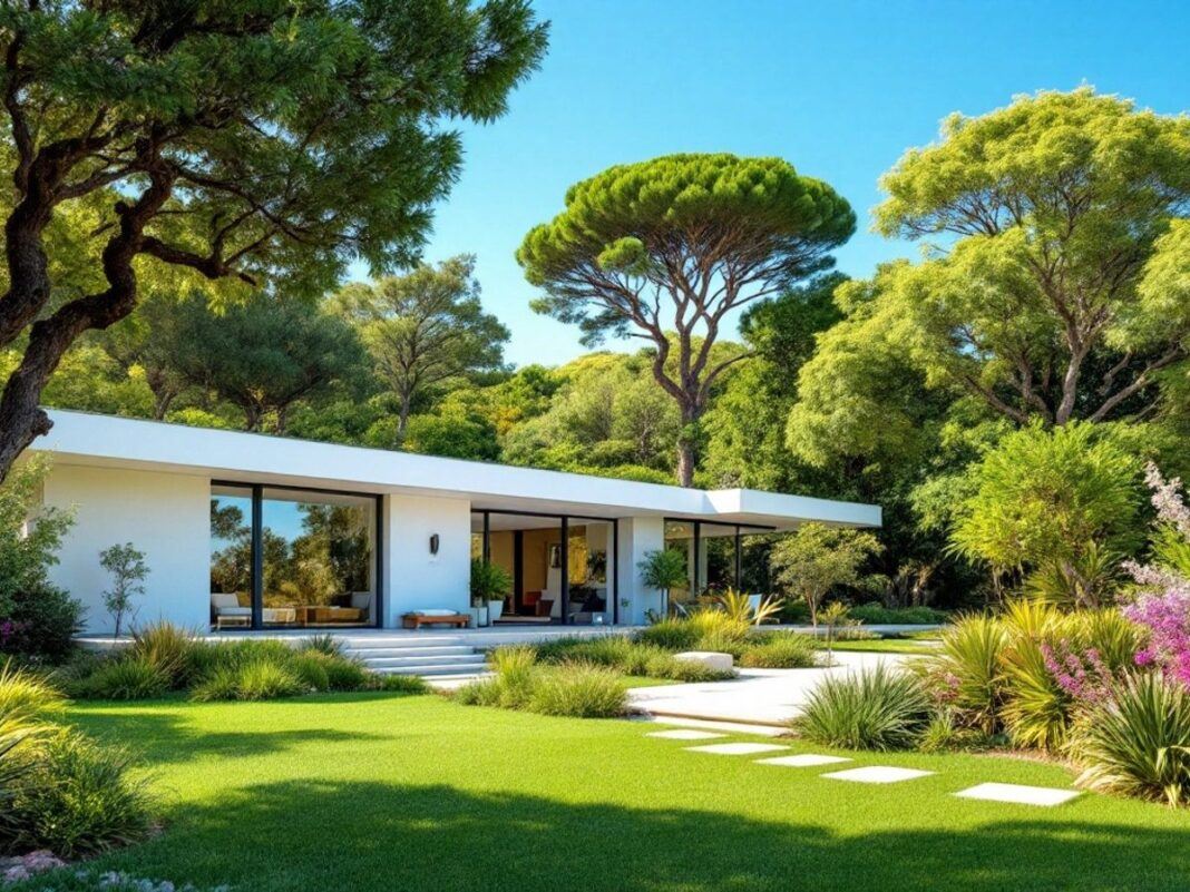 Modern home in Portugal with lush greenery and blue sky.