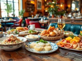 Colorful Portuguese dishes on a rustic wooden table.