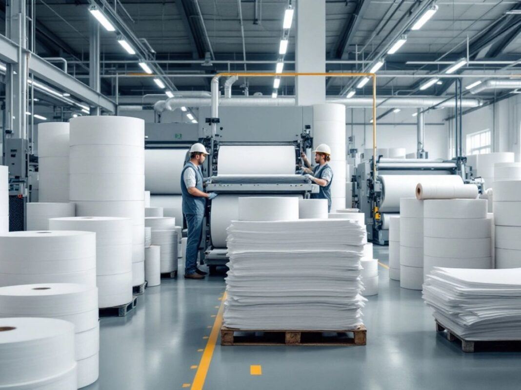 Paper factory with machinery and workers in safety gear.