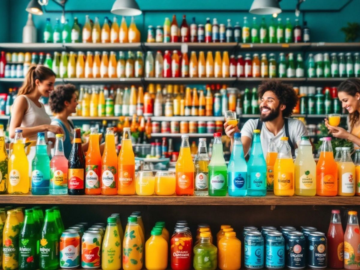 Colorful non-alcoholic beverages in a bright store interior.