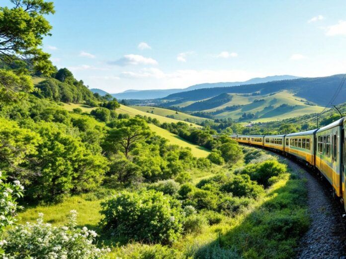 Train traveling through green landscapes in Portugal.