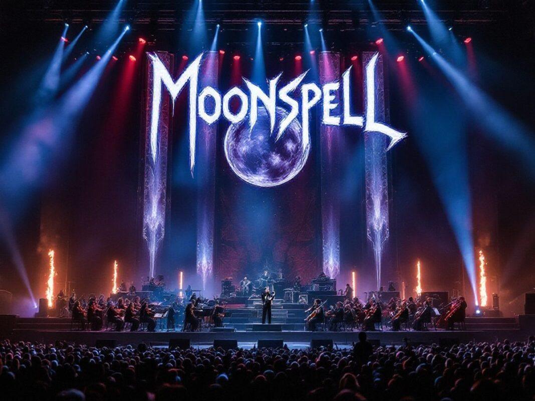 MOONSPELL symphonic show stage with musicians and instruments.