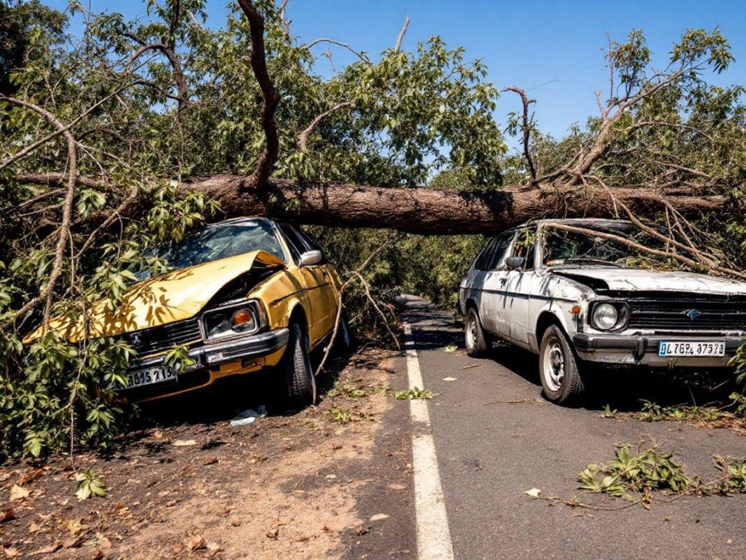 Tree fallen on two Brazilian cars, one damaged, one intact.