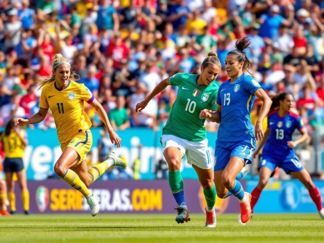 Female soccer players competing on the field.