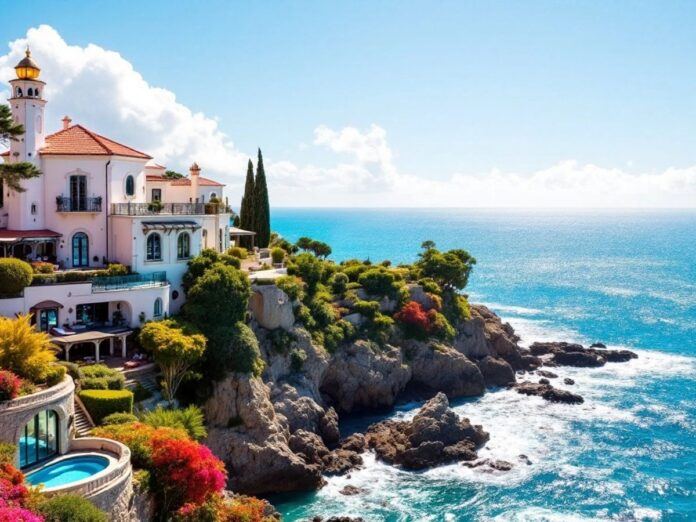 Luxurious villa on Portugal's coastline with clear blue waters.