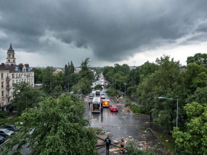 Storm damage in a city after heavy rainfall.