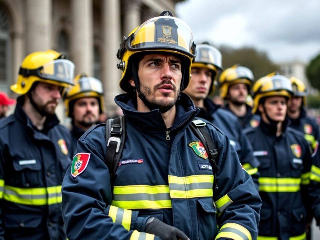 Firefighters in uniform outside the parliament building.