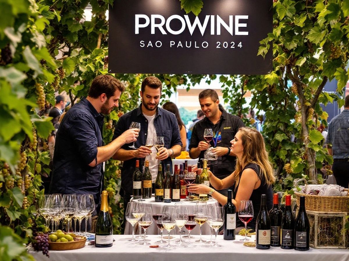 Wine bottles and glasses at ProWine Sao Paulo 2024.