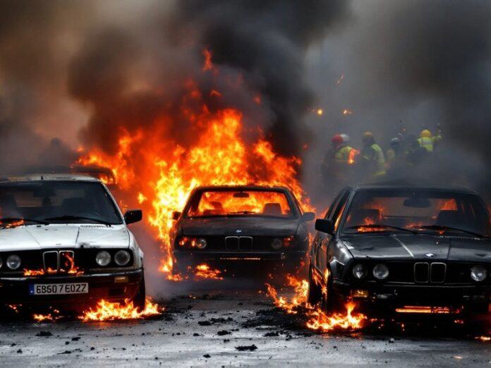 Burning cars in Lisbon after disturbances.