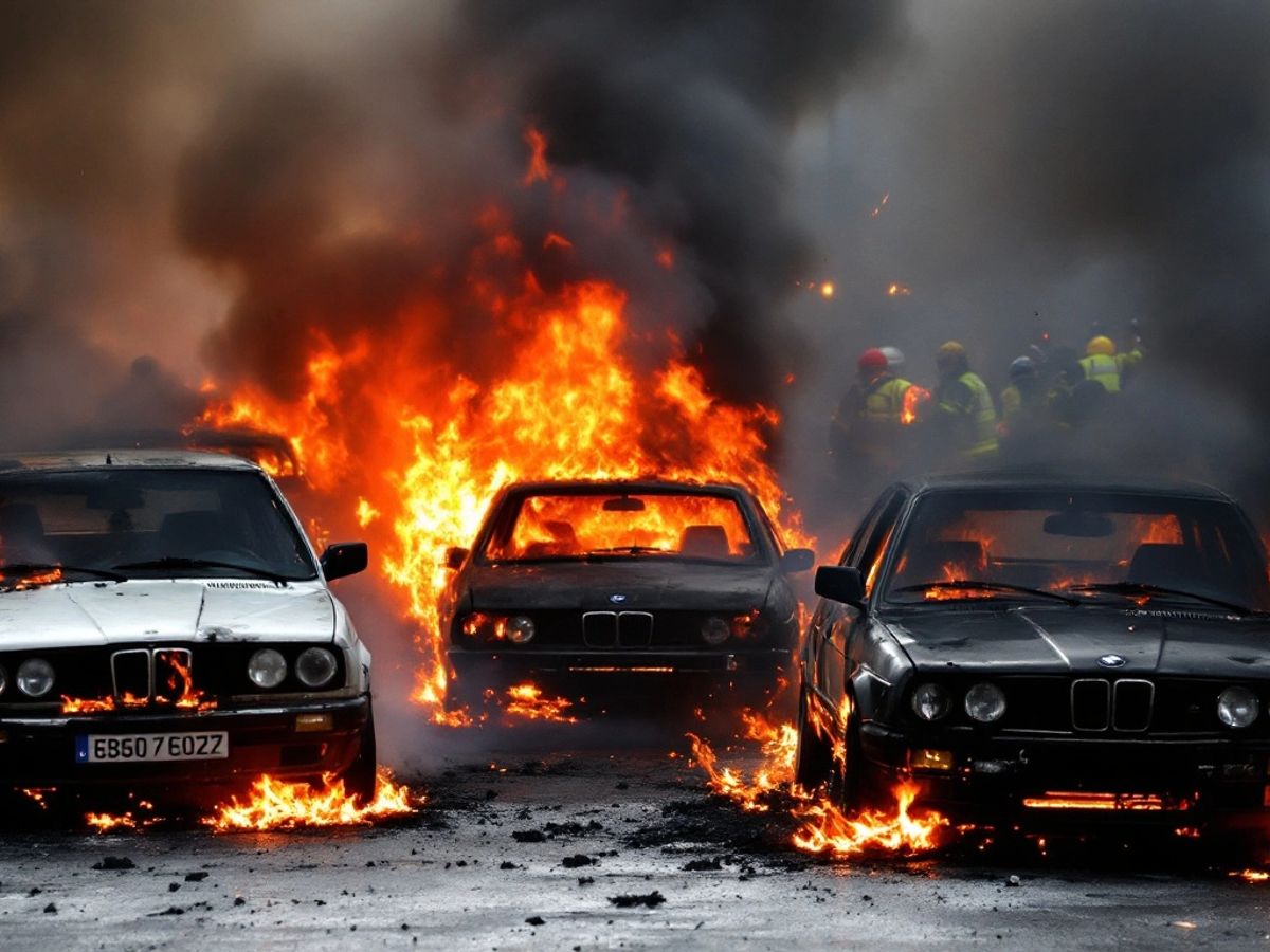 Burning cars in Lisbon after disturbances.