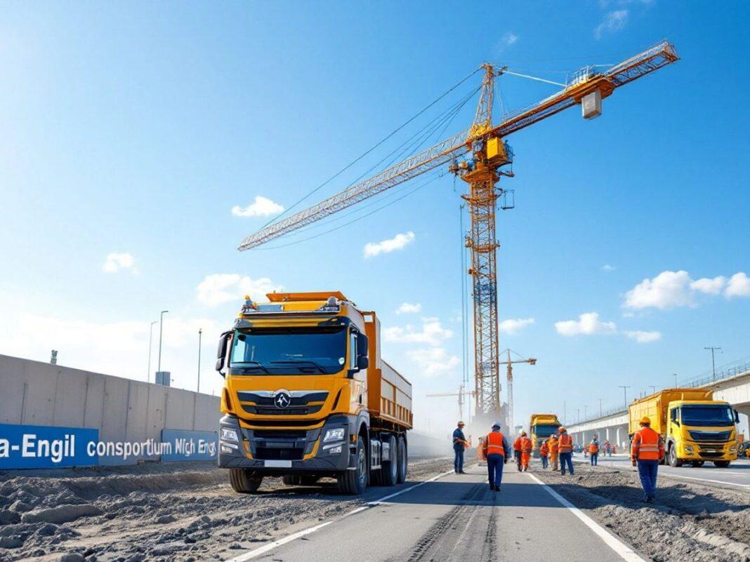 Construction workers and machinery at a highway project.