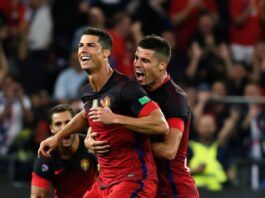 Cristiano Ronaldo celebrating a goal against Poland.