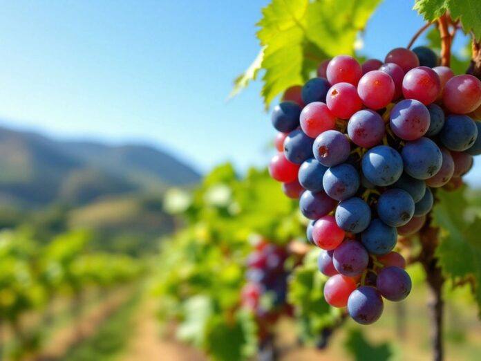 Ripe Douro grapes on vines in a sunny vineyard.