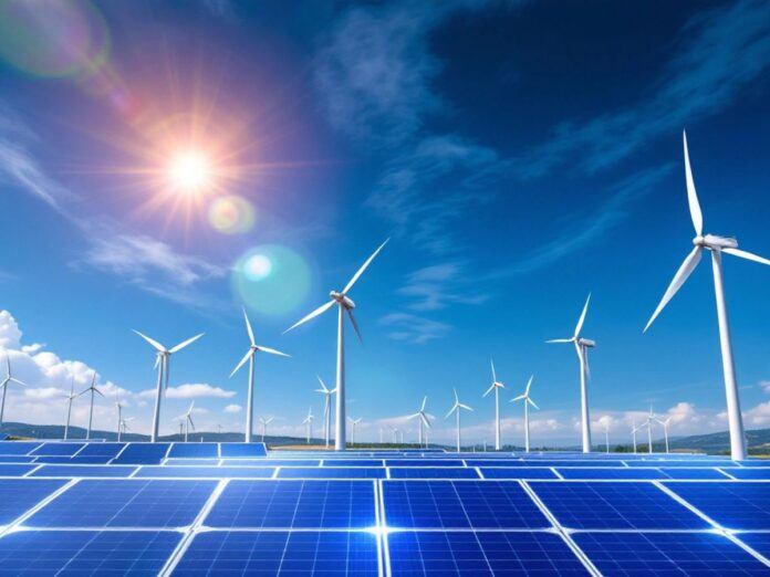 Solar panels and wind turbines in a sunny landscape.