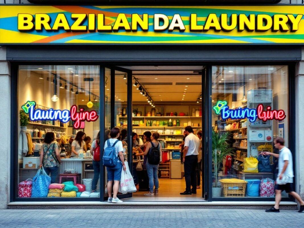 Brazilian laundry store front in Portugal with customers.