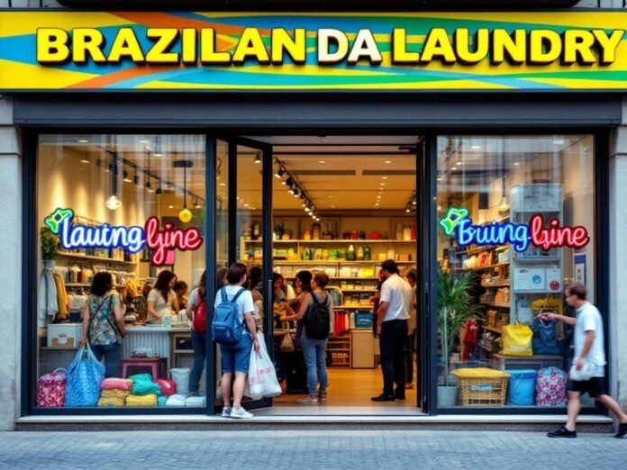 Brazilian laundry store front in Portugal with customers.