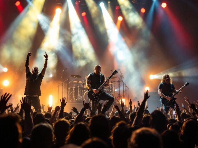 Parkway Drive performing live in Portugal, crowd cheering.