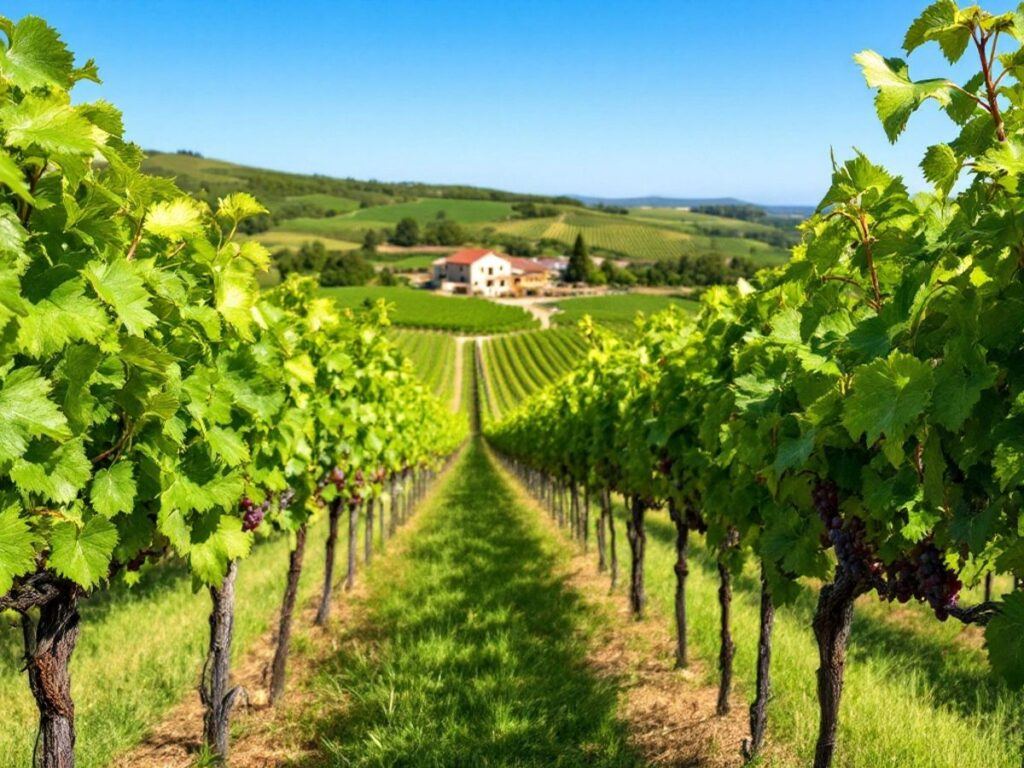 Vineyard in Portugal with ripe grapes and rolling hills.