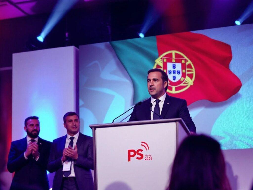 Pedro Nuno speaking at a podium with party members.