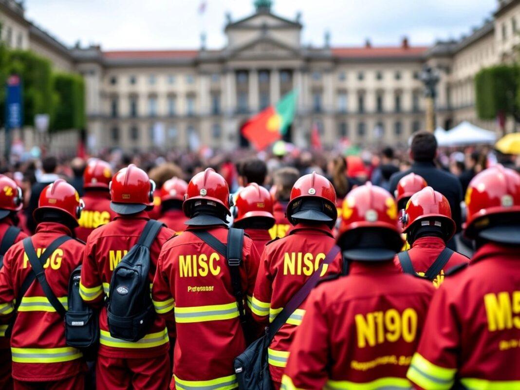 Portuguese firefighters protesting outside parliament for labor rights.