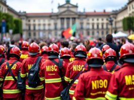 Portuguese firefighters protesting outside parliament for labor rights.