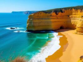 Scenic Algarve coastline with beaches and cliffs.