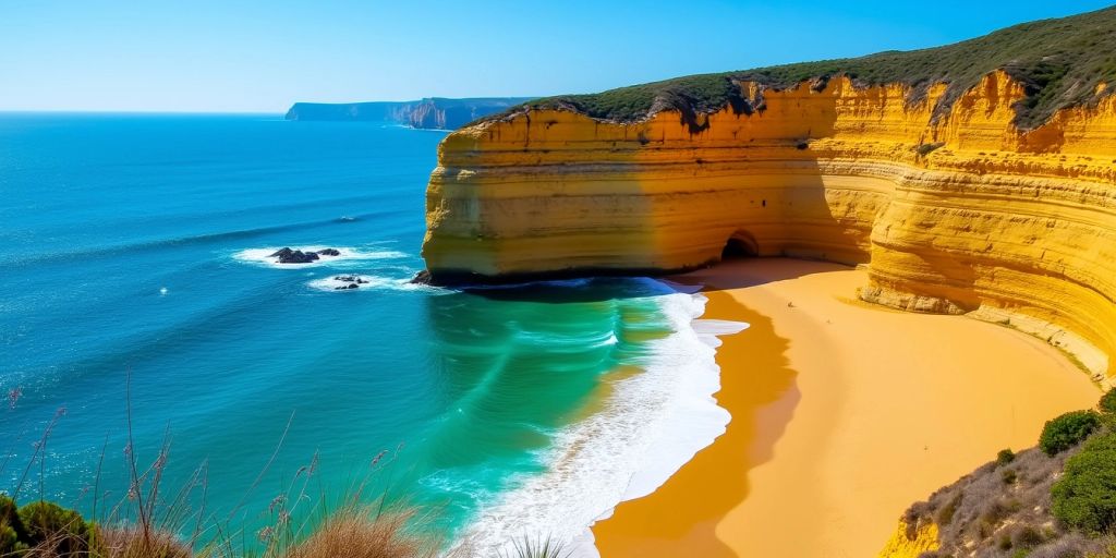 Scenic Algarve coastline with beaches and cliffs.