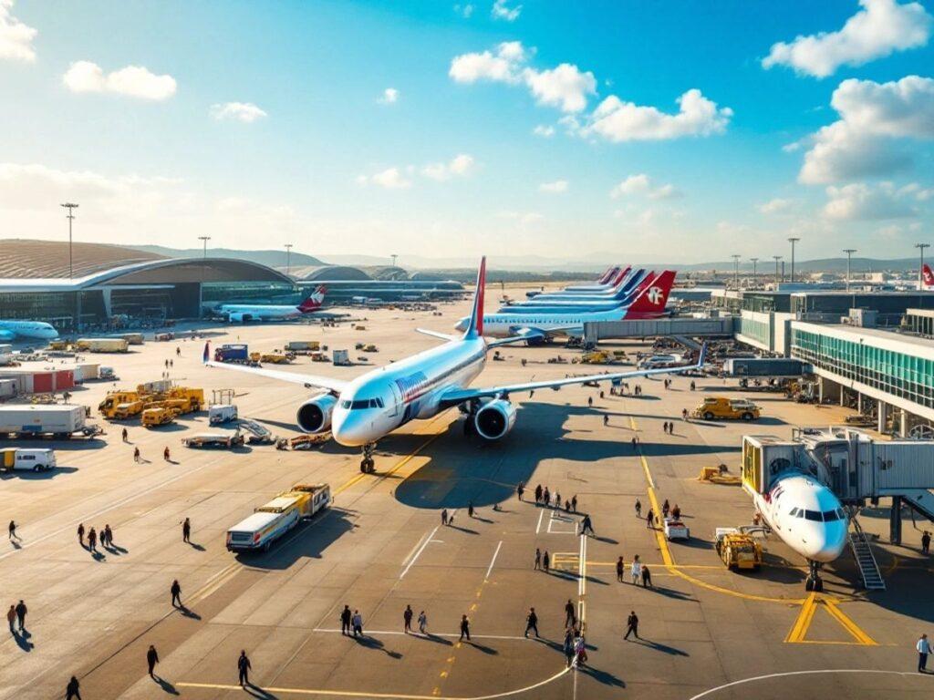 Busy Portuguese airport with aircraft and passengers.