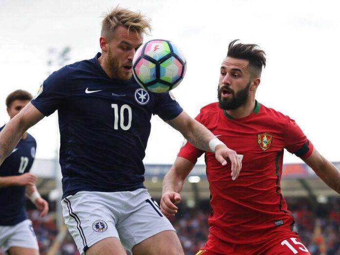 Scotland and Portugal players battling for the ball.