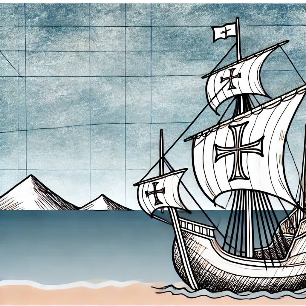 A drawing of a three sail, Portuguese caravel with mountains on teh horizon in the background.