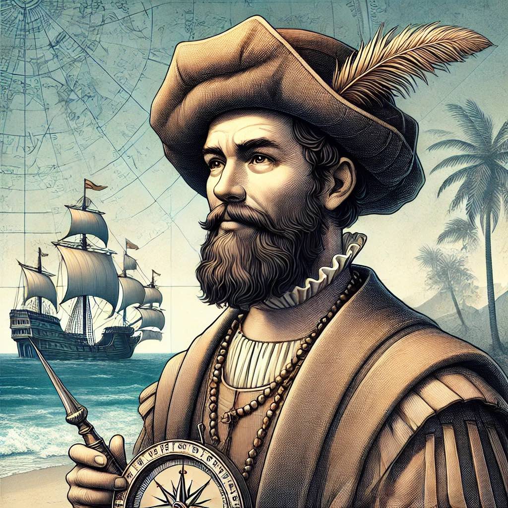 A drawing of Vasco da Gama Dias holding compass in front of him, and a Portuguese caravel in the background.