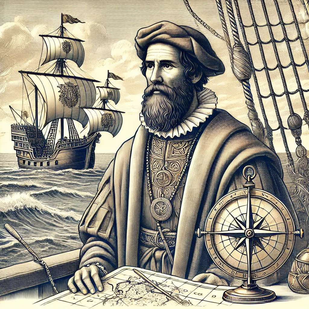 A drawing of Bartolomeu Dias with maps and a compass on a ship's desk, in front of him, and a Portuguese caravel in the background.