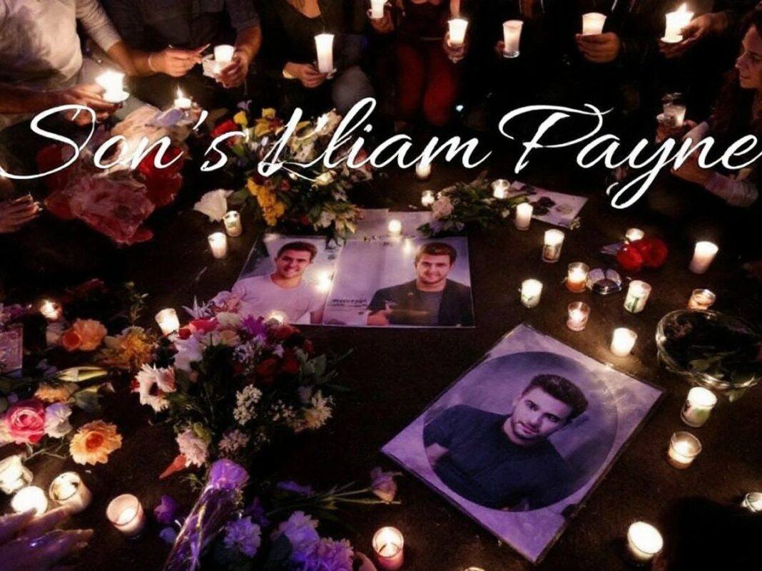 Candlelit vigil for Liam Payne with flowers and photos.