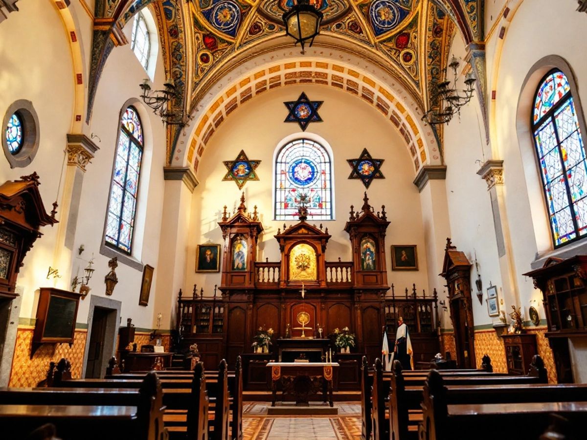 Interior view of a Portuguese synagogue with stained glass.