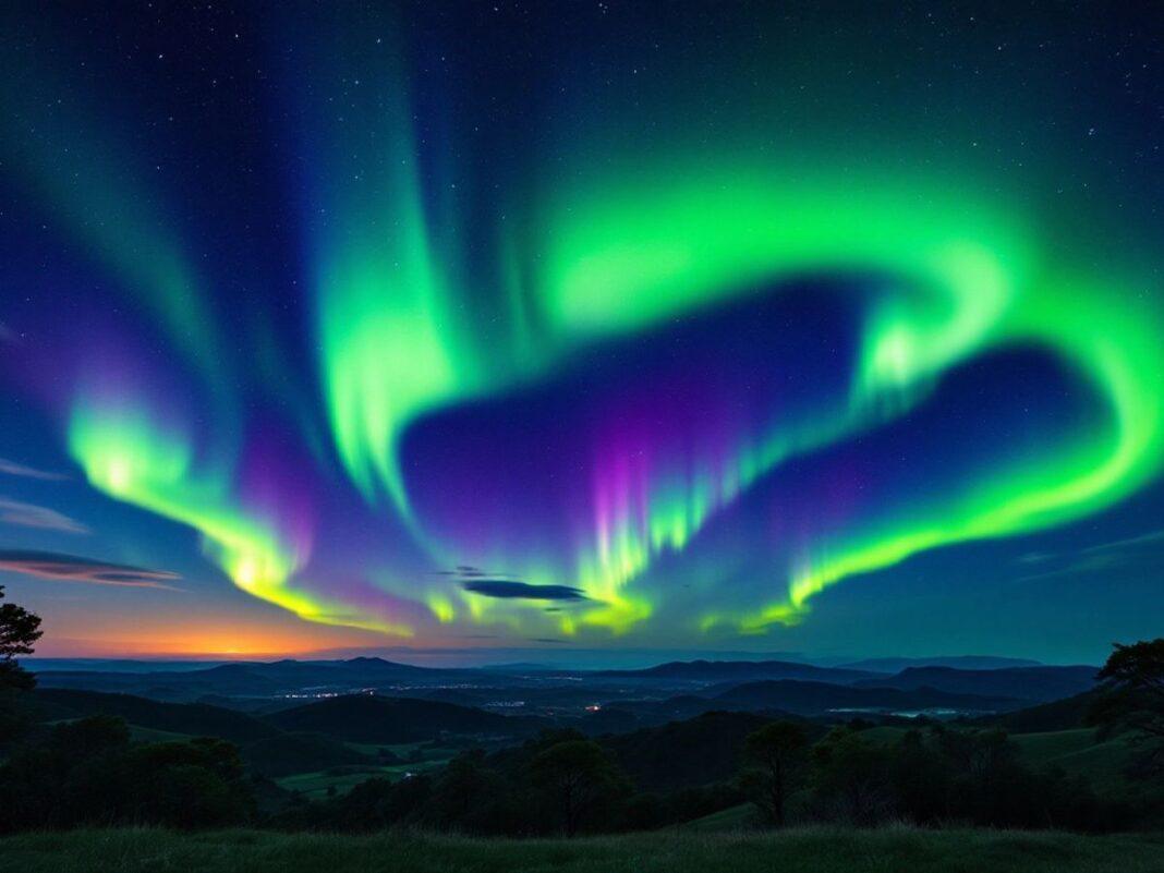 Northern Lights glowing over a Portuguese landscape at night.