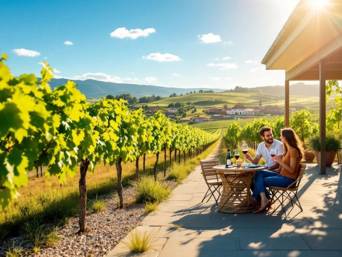 Couple enjoying wine tasting in a vineyard.