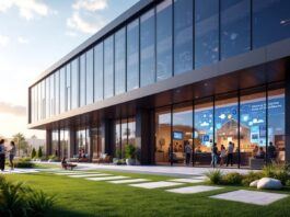 Modern office building with employees collaborating outside.