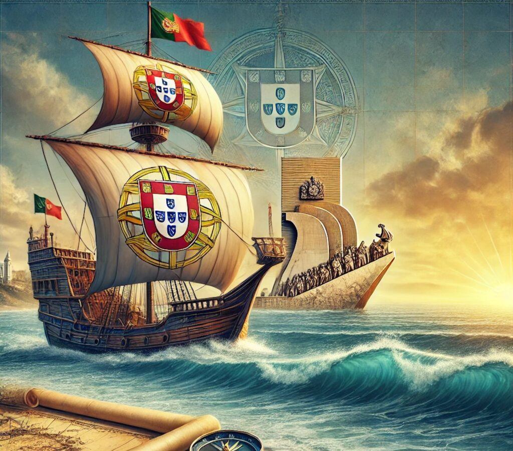 A drawing of a Portuguese caravel ship, with a portuguese flag, and a sketch behind it, of the monument of the age of discoveries.