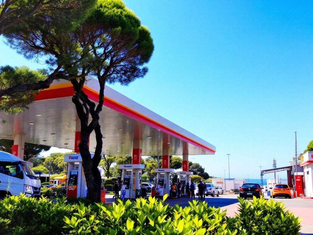 Gas station in Portugal with low-cost fuel pumps.