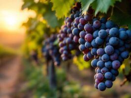 Vineyard in Portugal with ripe grapes at sunset.