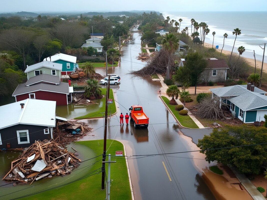 Flooded streets and damaged homes after Hurricane Helene.