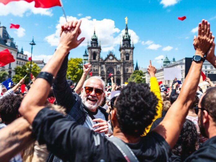 Protesters gathered in a city square for peace.