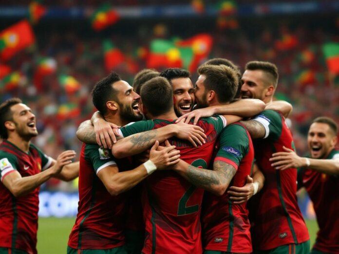 Portuguese football team celebrating a victory on the field.